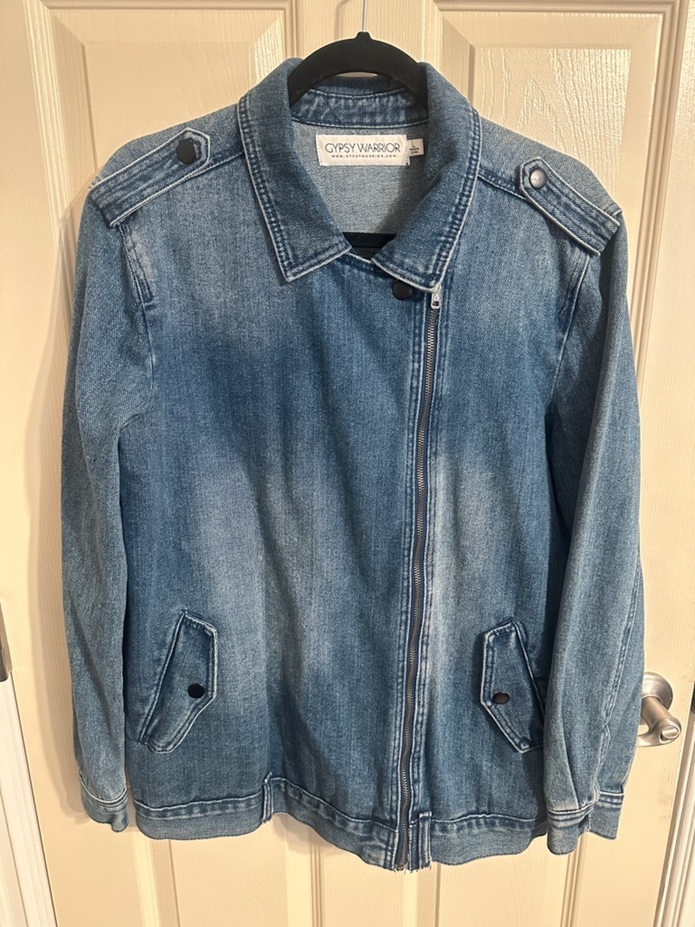 Gypsy Warrior Asymmetrical Full-Zip Denim Jean Jacket, Medium Blue Wash, Sz XL - Picture 2 of 16